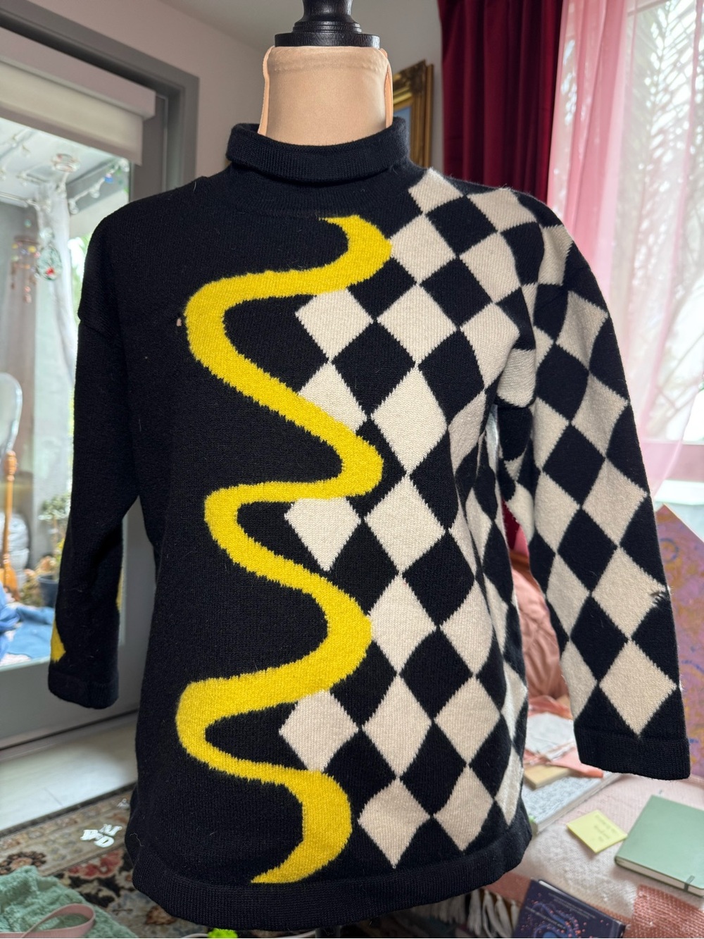 Vintage Escada Margaretha Ley Harlequin Turtleneck Sweater Black Yellow